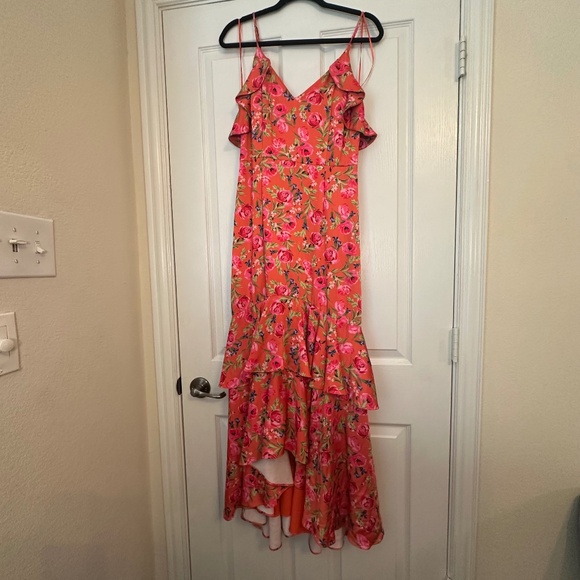 Anthropologie - Keepsake the Label - For Me Orange Floral Ruffle Trim Satin Gown - Picture 2 of 9